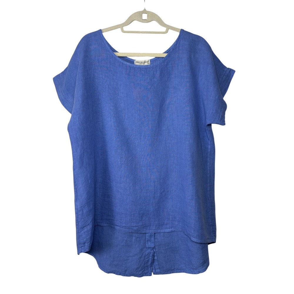 Terzo Millennio Women's Blue 100% Linen Tunic Top Italian Button Back Size Large